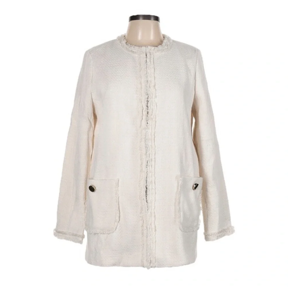 Catherine Malandrino Ivory Tweed Fringe Longline Coat Jacket Size 10 NWT Classic
